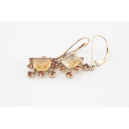 173 - 9ct gold citrine cluster drop earrings with hinged back 3.1g