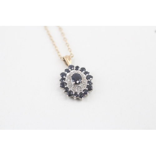 21 - 9ct gold sapphire and diamond cluster pendant with 9ct gold chain 3.4g