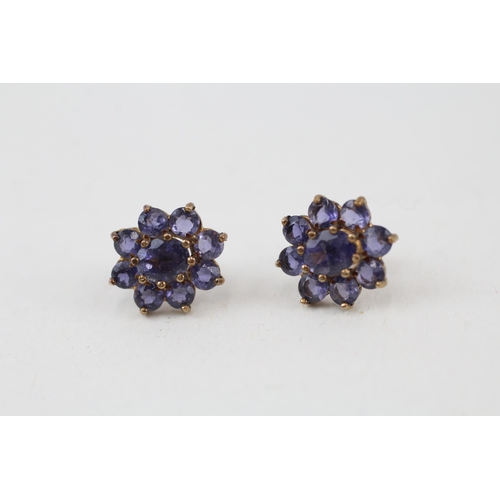 32 - 9ct gold iolite floral cluster stud earrings 1.4g