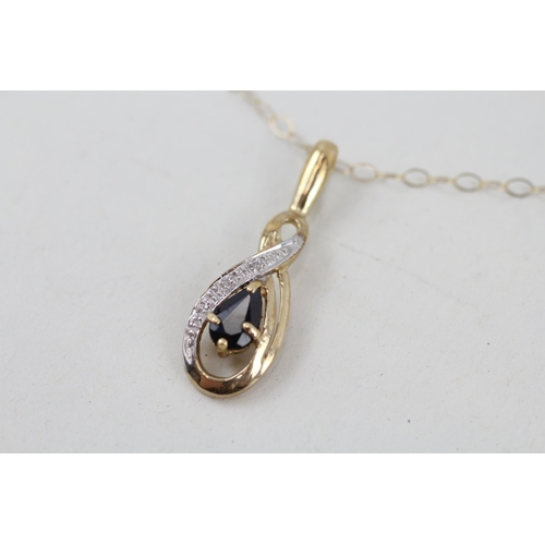 35 - 9ct gold sapphire and diamond pendant with 9ct gold chain 1.2g