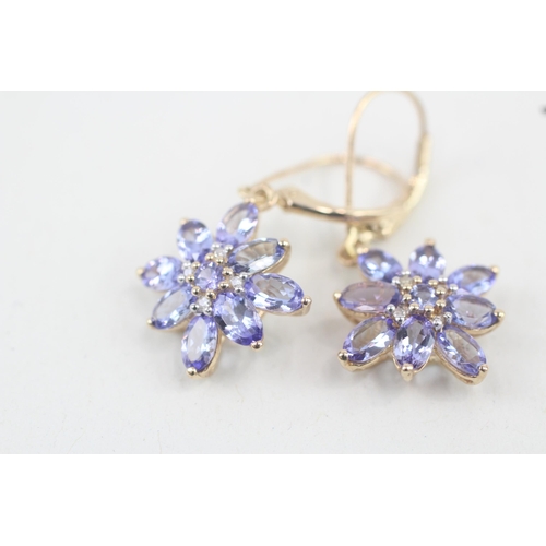 37 - 9ct gold tanzanite and diamond floral cluster drop earrings with hinged backs 3g