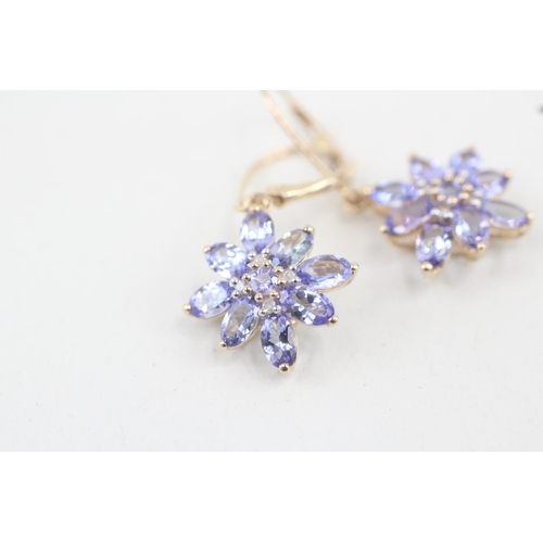 37 - 9ct gold tanzanite and diamond floral cluster drop earrings with hinged backs 3g