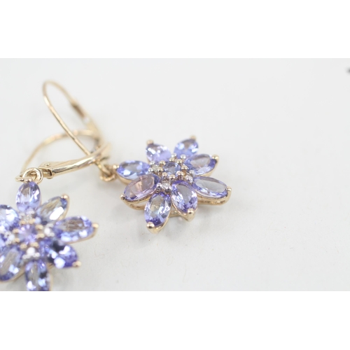 37 - 9ct gold tanzanite and diamond floral cluster drop earrings with hinged backs 3g