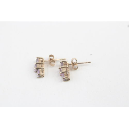 44 - 9ct gold amethyst trilogy stud earrings 1.2g