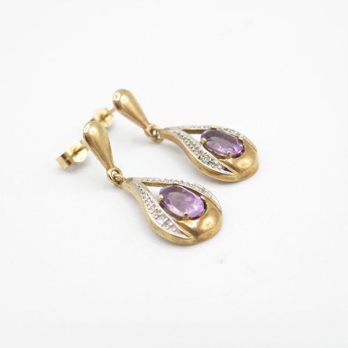 55 - 9ct gold amethyst and diamond drop earrings 2.1g