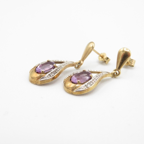 55 - 9ct gold amethyst and diamond drop earrings 2.1g