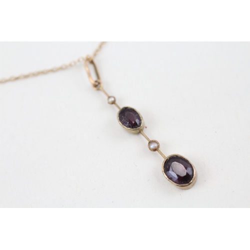 59 - 9ct gold amethyst and pearl pendant with 9ct gold chain 2.1g