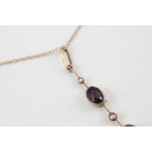 59 - 9ct gold amethyst and pearl pendant with 9ct gold chain 2.1g