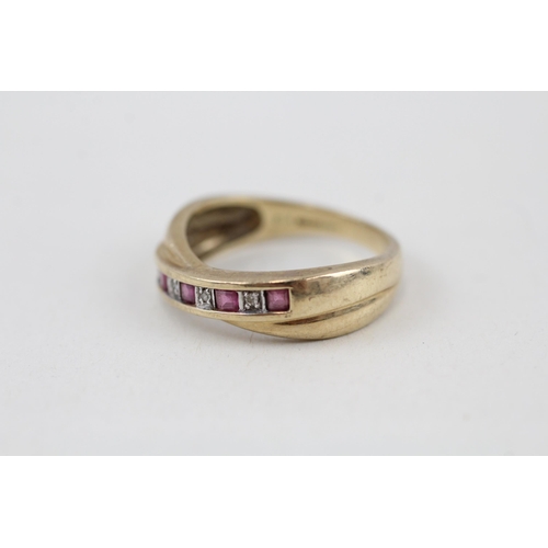 68 - 9ct gold diamond and ruby half eternity dress ring 3g   Size O