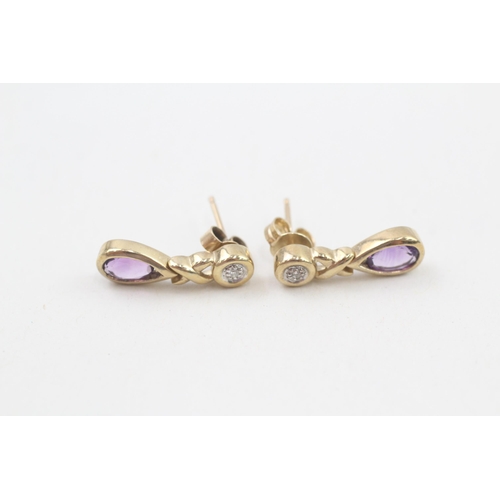 71 - 9ct gold diamond and amethyst drop earrings 2.3g