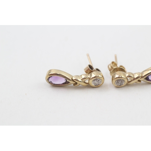 71 - 9ct gold diamond and amethyst drop earrings 2.3g