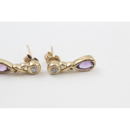 71 - 9ct gold diamond and amethyst drop earrings 2.3g