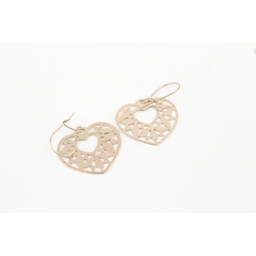 72 - 9ct gold cut work heart drop earrings with shepherd hooks 0.9g