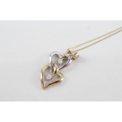 80 - 9ct two tone gold diamond heart pendant with 9ct gold chain 1.9g