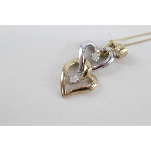 80 - 9ct two tone gold diamond heart pendant with 9ct gold chain 1.9g