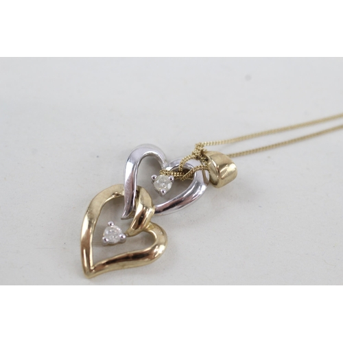 80 - 9ct two tone gold diamond heart pendant with 9ct gold chain 1.9g