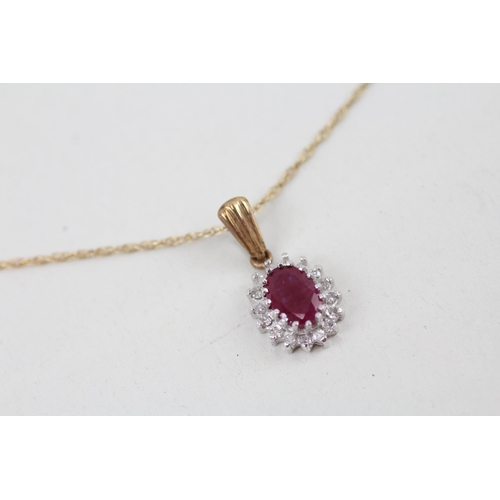 81 - 9ct gold ruby and diamond halo pendant with 9ct gold chain 1.7g