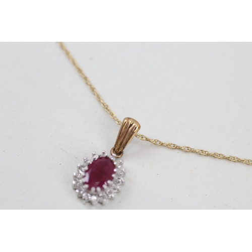 81 - 9ct gold ruby and diamond halo pendant with 9ct gold chain 1.7g