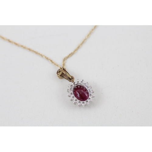 81 - 9ct gold ruby and diamond halo pendant with 9ct gold chain 1.7g