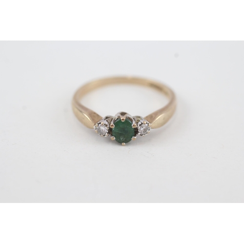 83 - 9ct gold emerald and diamond trilogy dress ring 2.1g   Size P