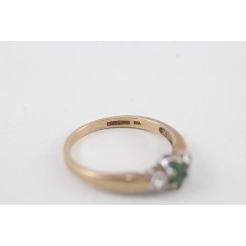 83 - 9ct gold emerald and diamond trilogy dress ring 2.1g   Size P