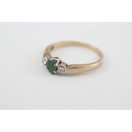 83 - 9ct gold emerald and diamond trilogy dress ring 2.1g   Size P