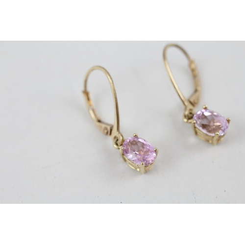 84 - 9ct gold kunzite drop earrings with hinged backs 1.7g