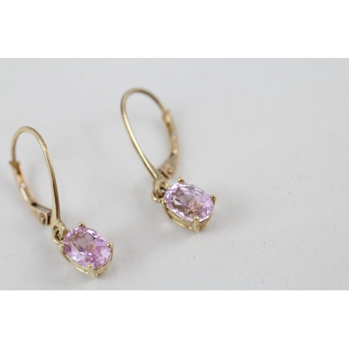 84 - 9ct gold kunzite drop earrings with hinged backs 1.7g