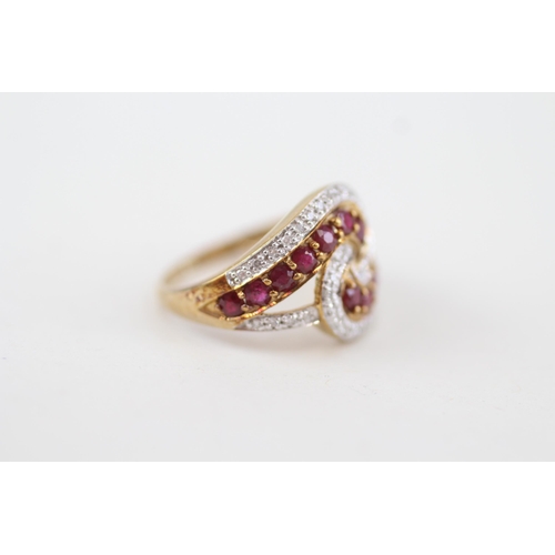 89 - 9ct gold ruby and diamond wrap cluster cocktail ring 3g   Size O