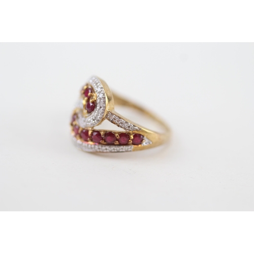 89 - 9ct gold ruby and diamond wrap cluster cocktail ring 3g   Size O