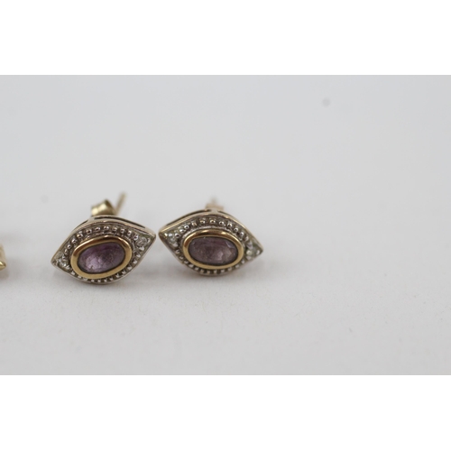 98 - 2x 9ct gold amethyst & diamond stud earrings with scroll backs 3g