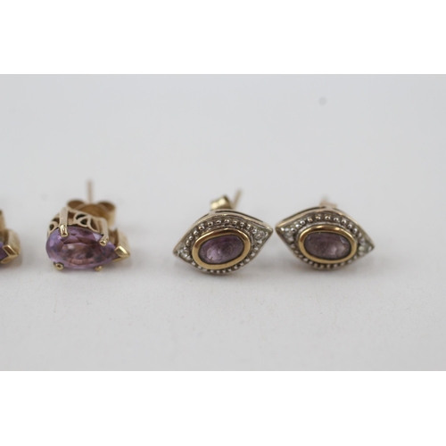 98 - 2x 9ct gold amethyst & diamond stud earrings with scroll backs 3g