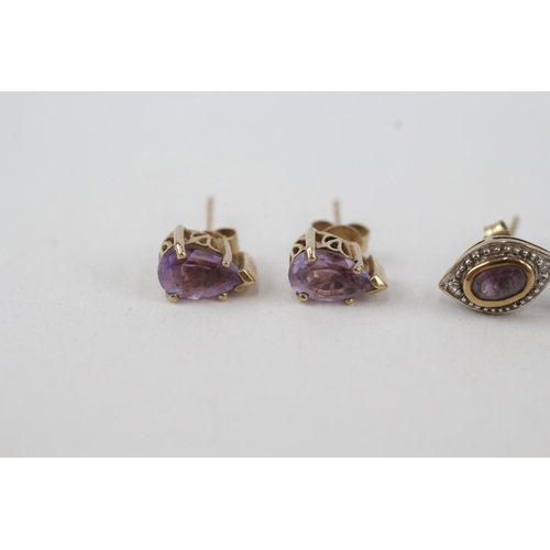 98 - 2x 9ct gold amethyst & diamond stud earrings with scroll backs 3g