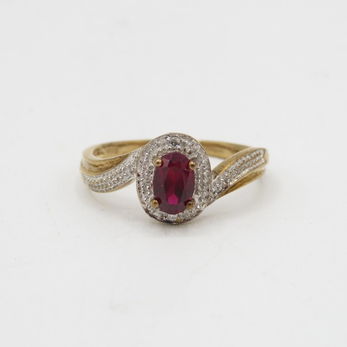 127 - 9ct gold diamond & red gemstone dress ring 1.8g Size M 1/2