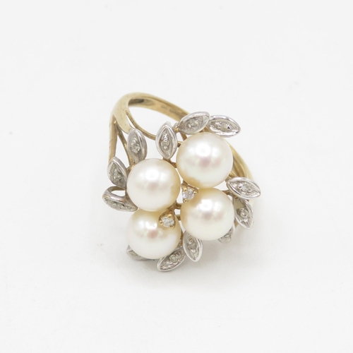 146 - 9ct gold diamond & cultured pearl cluster cocktail ring 4.6g Size O