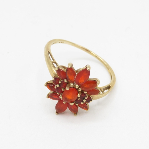 151 - 9ct gold fire opal floral cluster ring 2.8g Size U