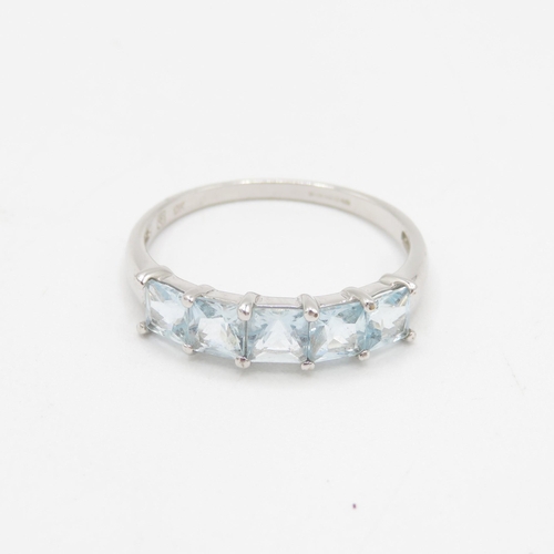 167 - 9ct white gold princess cut aquamarine five stone ring 2g Size S