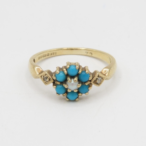 187 - 9ct gold faux turquoise & seed pearl floral cluster ring with cubic zirconia sides 1.9g Size N