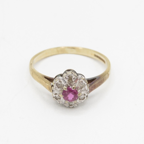 188 - 9ct gold diamond & ruby floral cluster ring 1.7g Size L 1/2