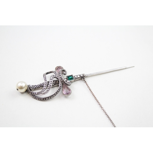 270 - Silver antique jabot sword brooch set with paste and marcasite (13g)