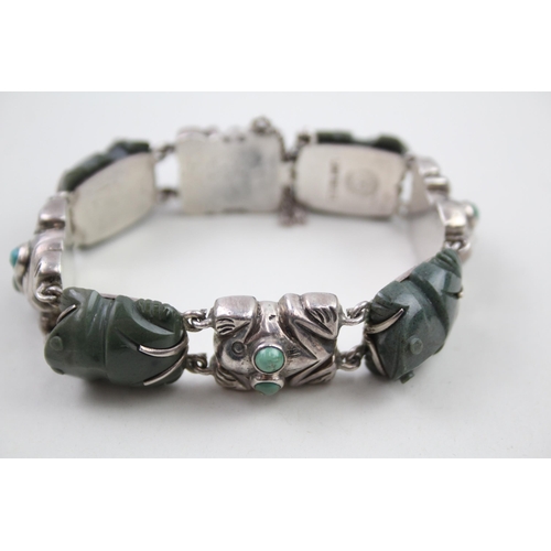 278 - Silver Mexico carved gemstone frog bracelet (72g)