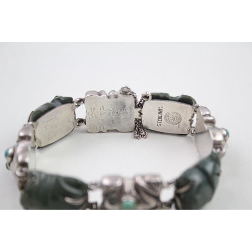 278 - Silver Mexico carved gemstone frog bracelet (72g)