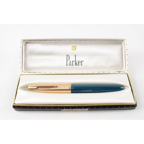 478 - Vintage PARKER 51 Teal Fountain Pen w/ 14 Gold Nib WRITING Rolled Gold Cap