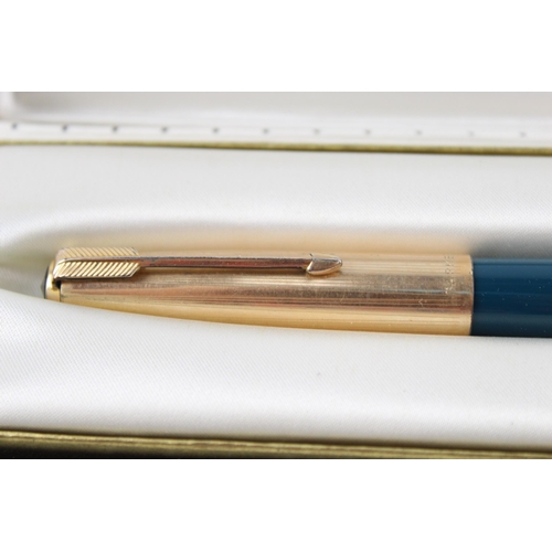 478 - Vintage PARKER 51 Teal Fountain Pen w/ 14 Gold Nib WRITING Rolled Gold Cap