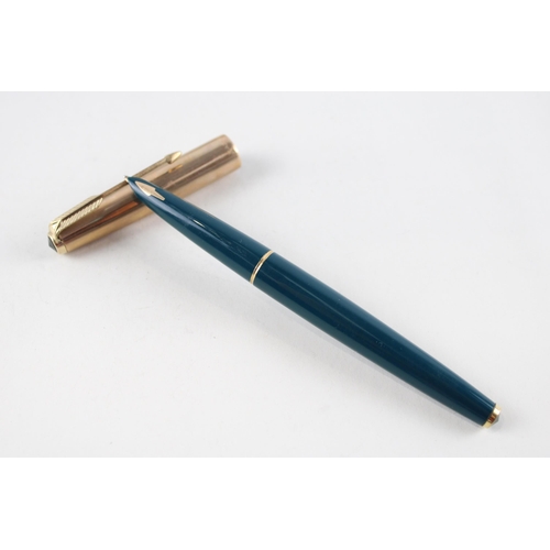 483 - Vintage PARKER 61 Teal Fountain Pen w/ 14ct Gold Nib WRITING Gold Plate Nib