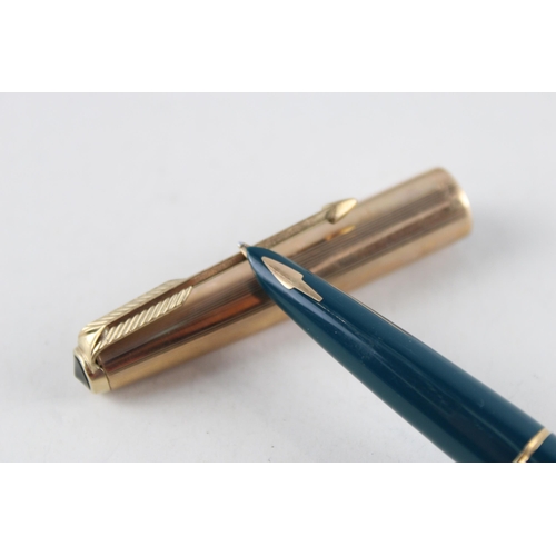 483 - Vintage PARKER 61 Teal Fountain Pen w/ 14ct Gold Nib WRITING Gold Plate Nib