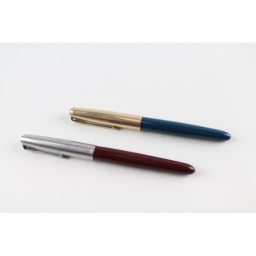 492 - 2 x Vintage PARKER 51 Fountain Pens 14ct Gold Nibs WRITING Inc Teal, Burgundy