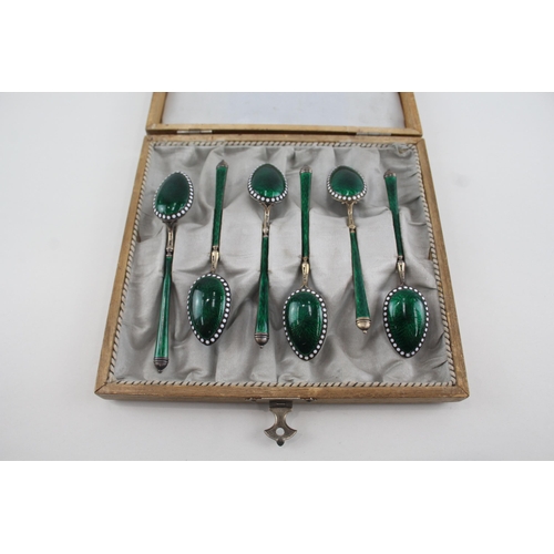 331 - 6 x Vintage .925 Sterling Silver Green Guilloche Enamel Teaspoons Cased (85g)