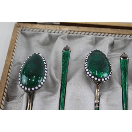 331 - 6 x Vintage .925 Sterling Silver Green Guilloche Enamel Teaspoons Cased (85g)