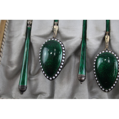 331 - 6 x Vintage .925 Sterling Silver Green Guilloche Enamel Teaspoons Cased (85g)